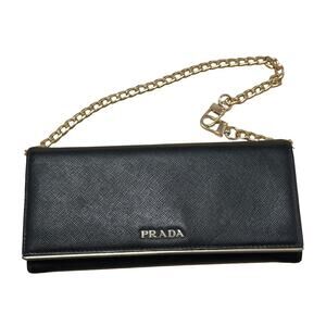 PRADA Black Saffiano Leather Womens Wallet on Chain Gold Hardware Authentic COA